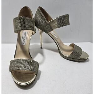 Jimmy Choo London Alana Gold Lamé Heels Glitter Open Toe Shoes Sz 39/8.5